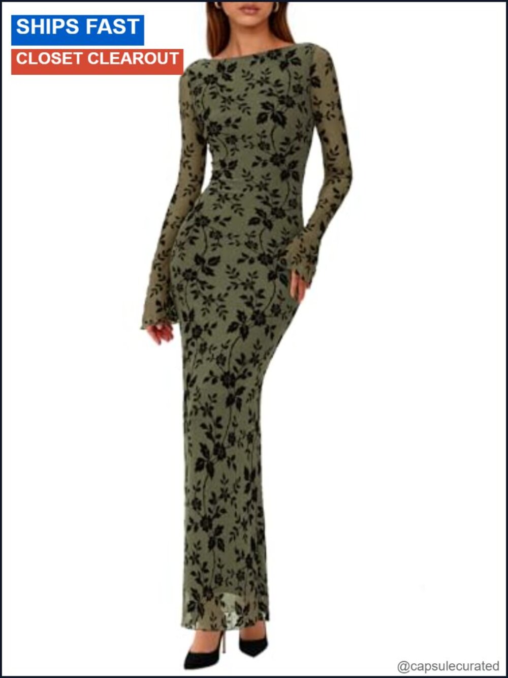 Stretch Bodycon Floral Maxi Dress Long Sleeve Boat Neck Wedding Guest Formal